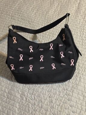 Breast Cancer Black Shoulder Bag With Wallet has Pink Ribbon Embroidery